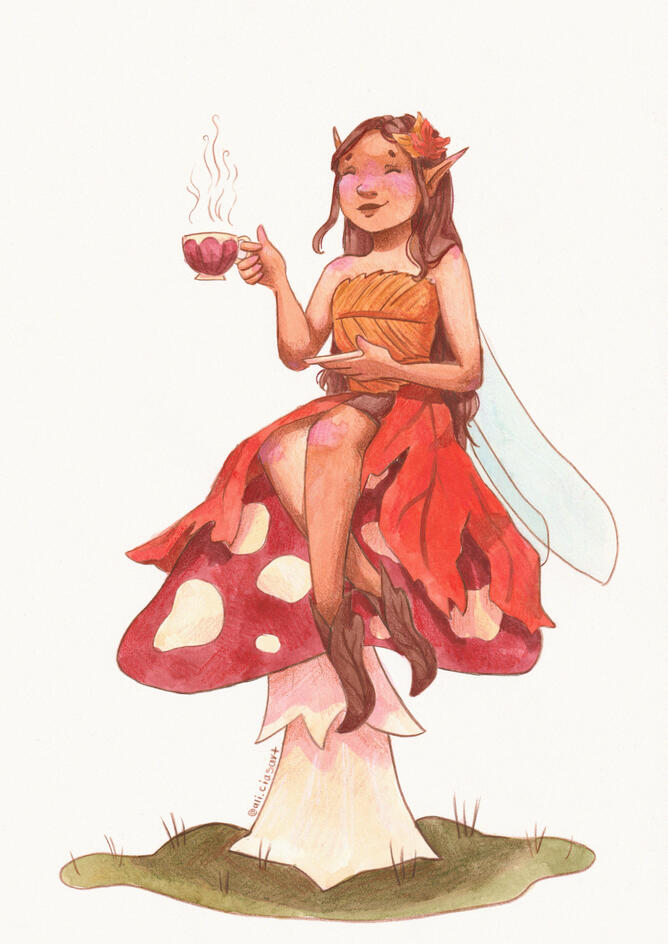 Fairy Tea - Watercolour and Coloured Pencil Illustration